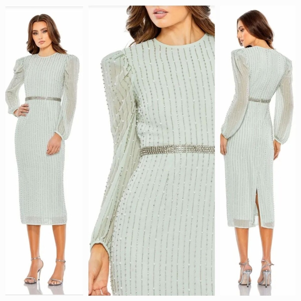 Mac Duggal Pale Mint Beaded Midi Dress with Puff Sleeves